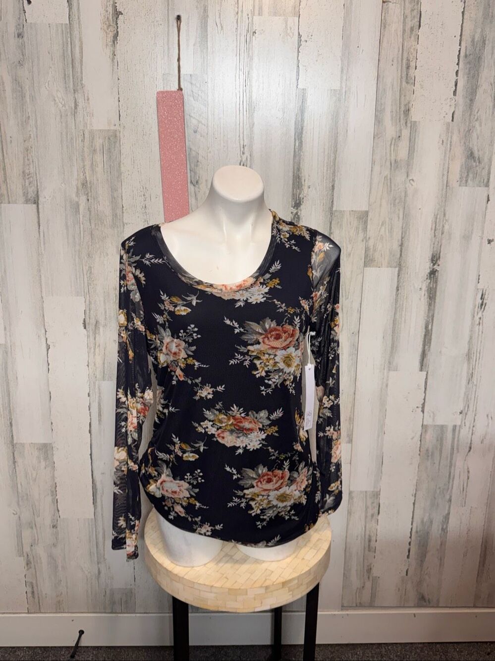Maternity Vibes Black Floral Mesh Ruched Long Sleeve Maternity Top Large L